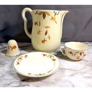 HALL AUTUMN LEAF MIXED LOT~ PITCHER NO LID,‎ CUP, SAUCCER AND SHAKER (2629)
